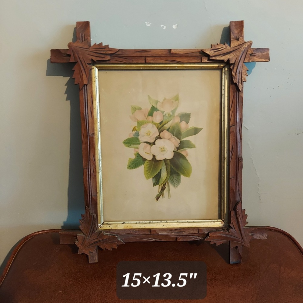 Antique Black Forest Hand Carved Wood Frame Botanical Floral Lithograph 15x13.5 - Picture 2 of 5